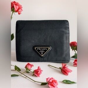 Authentic PRADA Milano Black Nylon & Saffiano Leather Compact Tri-Fold Wallet